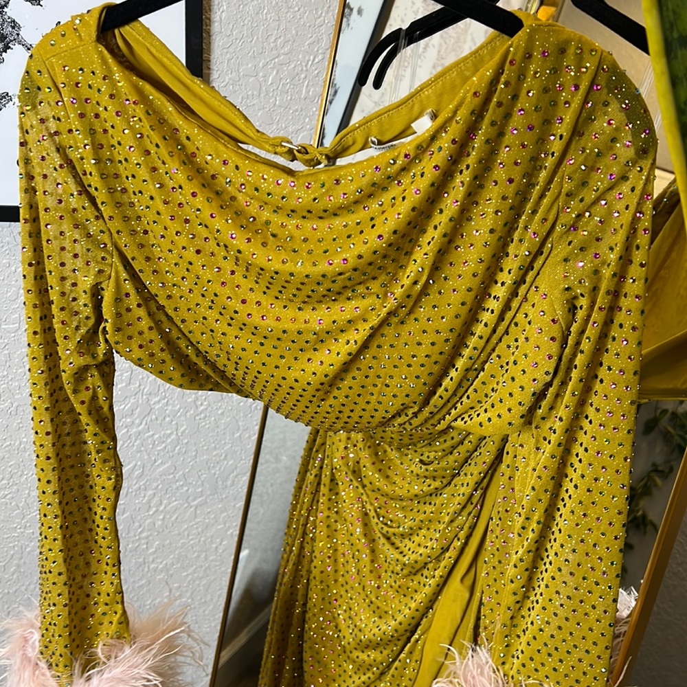 HOUSE OF CB 'Gina' Feathered Chartreuse Crystallised Maxi Dress NWOT - Picture 8 of 11